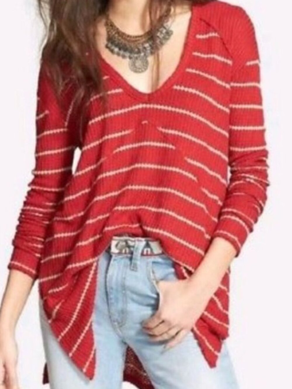 Free People Red Striped Thermal Tunic Top Waffle Knit Shirt Women's XS